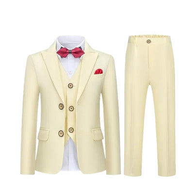 Boys Formal White 5Pieces/Set Jacket Vest Pants Bowtie+Pocket Cloth Wedding Birthday Party Dress Kids Host Performance Costume