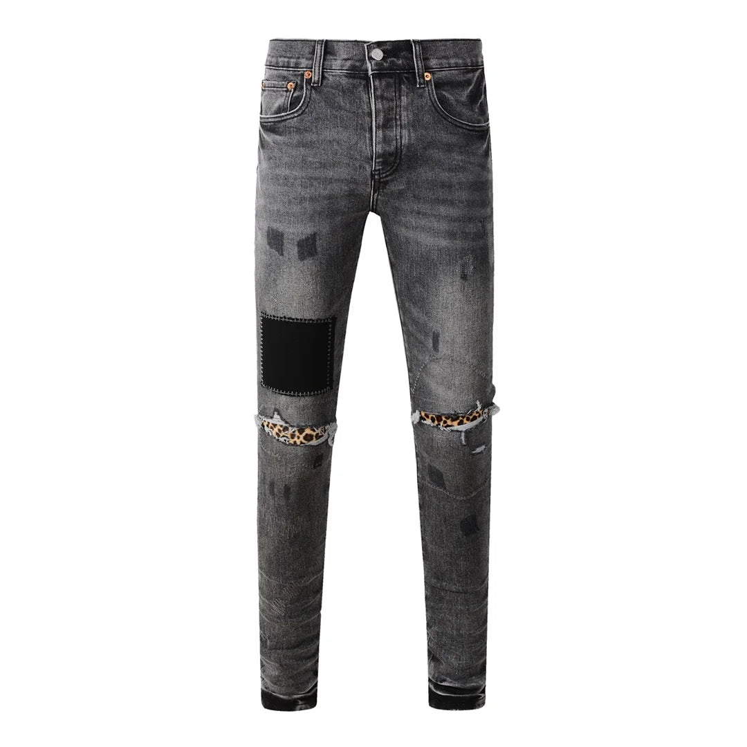 Americans  Retro High Street Men's Jeans New Trendy Low Rise Skinny Denim Pants Pleated Ripped Hold Trousers