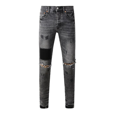 Americans  Retro High Street Men's Jeans New Trendy Low Rise Skinny Denim Pants Pleated Ripped Hold Trousers