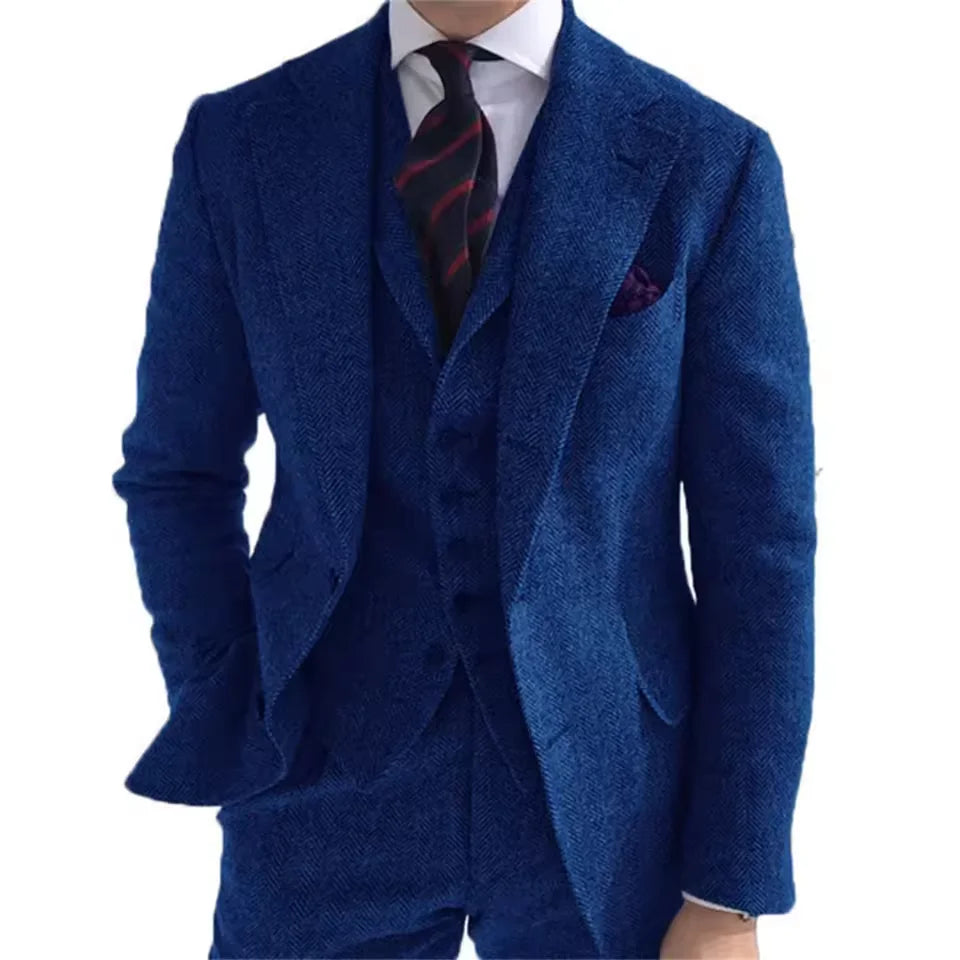 New Wool Tweed Winter Men Suit's For Wedding Formal Groom Tuxedo Herringbone Male Fashion 3 Piece Suit (Jacket + Vest + Pants)