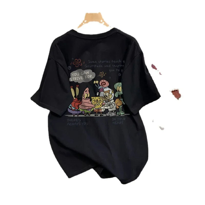 Cotton Cartoon Print Short Sleeve T-Shirt Women's Loose Fit Casual Versatile Top Summer 2024 New Arrival Crew Neck Design