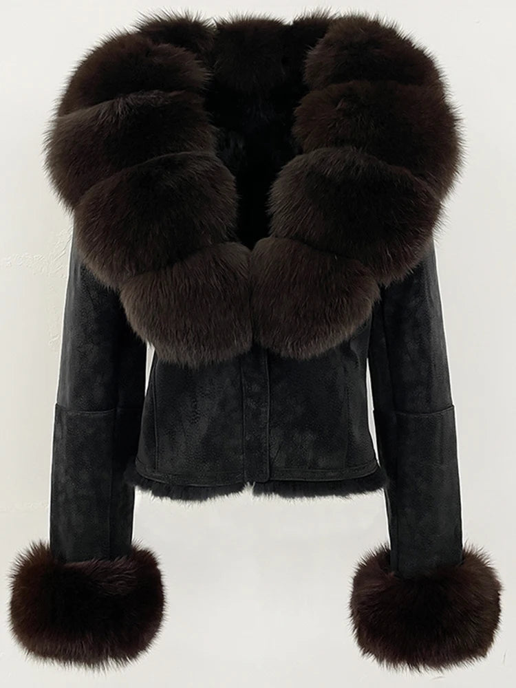 OFTBUY Fashion Short New Autumn Winter Fur Clothing Real Rabbit Fur Liner Suede Jacket Women Natural Fox Fur Collar Coat Female