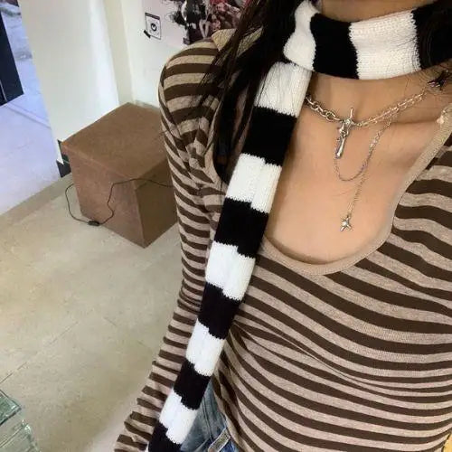 Girl's Striped Long Scarves Y2K Striped Scarf Harajuku Gothic Neck Warm Winter Warm Scarf Thickened Black White Shawl Wrap Women