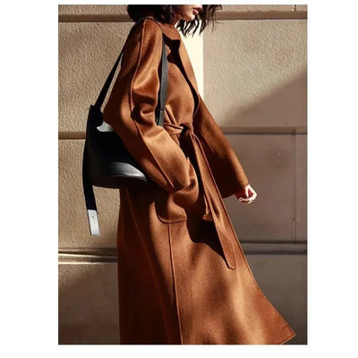 Long Double-Sided Cashmere Coat Women's Caramel Color Woolen Tweed Jacket Water-Wave Pattern Loose Fit Chinese Origin