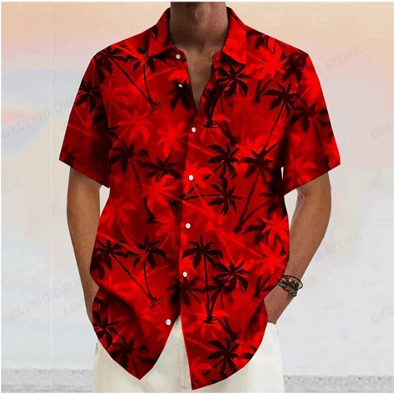 Summer Fashion Men's Hawaiian Shirts Coconut Tree Lapel Camisas Short Sleeve Shirt Floral Blouse Turn Over Collar Clothes Male