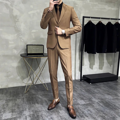 Men's Solid Color Formal Two-Piece Suit Fashion Business Casual Office Dress Wedding Party High-Quality Jacket And Pants Set