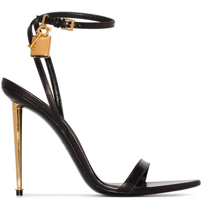 Women Padlock Sandals Gold Green Metallic Leather Runway Dress Shoes Ankle Strap Stiletto High Heels Celebrating Shoes