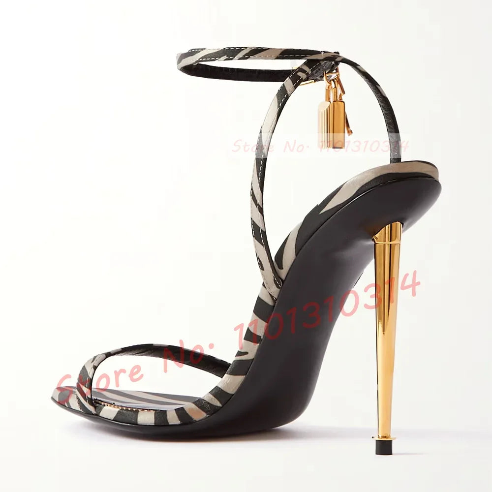 Padlock Zebra-print Satin Sandals Sexy Women Gold Pendant Metal High Heel Shoes Ladies Ankle Strap Summer Feminine Evening Shoes