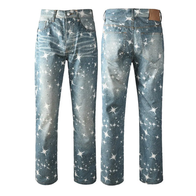 Men Straight jeans Fashion High Street Retro wash Rhinestones Retro Street Style Hip-hop Straight Trousers Streetwear Jeans