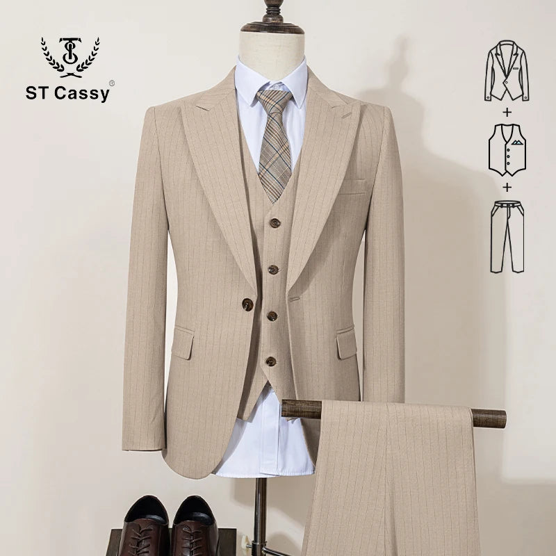 ST Cassy high-quality blue striped suits for men slim fit luxurious and elegant men's business suit 3-piece set full men's suit