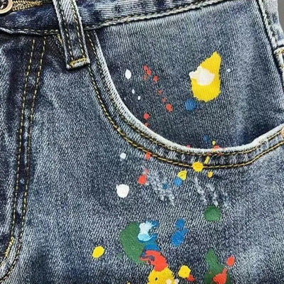 Men's Short Jeans Pants Graffiti Slim Blue Ripped Male Denim Shorts Rude Retro Summer Thin Stretch Korean Fashion Streetwear Xl