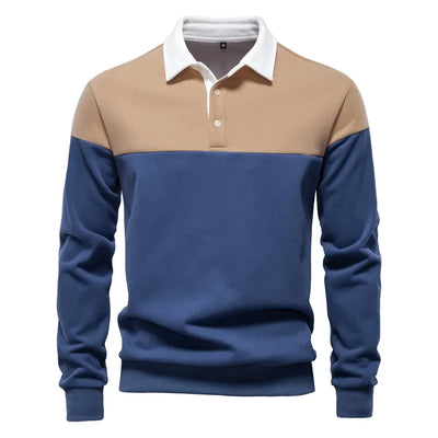 2025 New Spring Men's Color-Block Cotton Blend Hoodies Polo Collar Business Sweater Shirts Casual Long Sleeve Sports Pullovers
