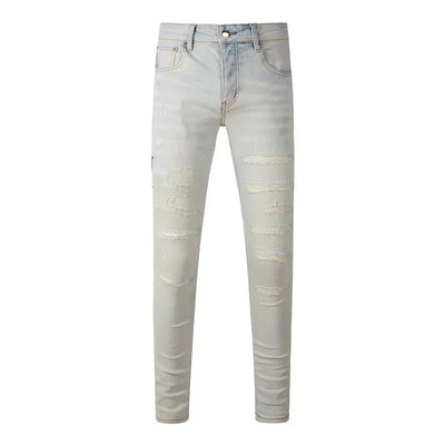Americans New Trendy Streetwear Men's Jeans Low Rise Skinny Denim Pants Pleated Ripped Trousers