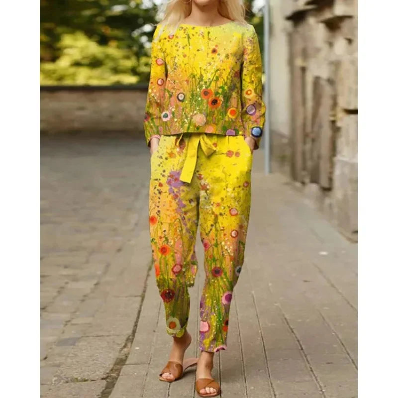 Spring Summer New Vintage Print Long Sleeve round Neck T-Shirt Set Wide Leg Pants Ethnic Style Fashionable Women's Outfit