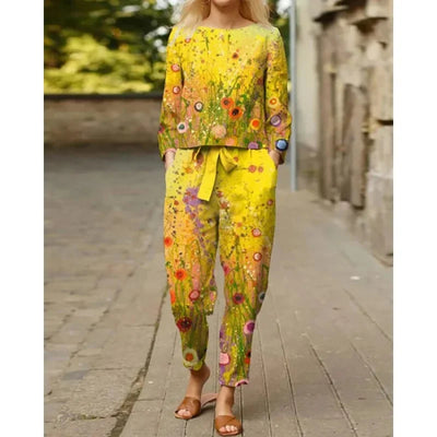 Spring Summer New Vintage Print Long Sleeve round Neck T-Shirt Set Wide Leg Pants Ethnic Style Fashionable Women's Outfit