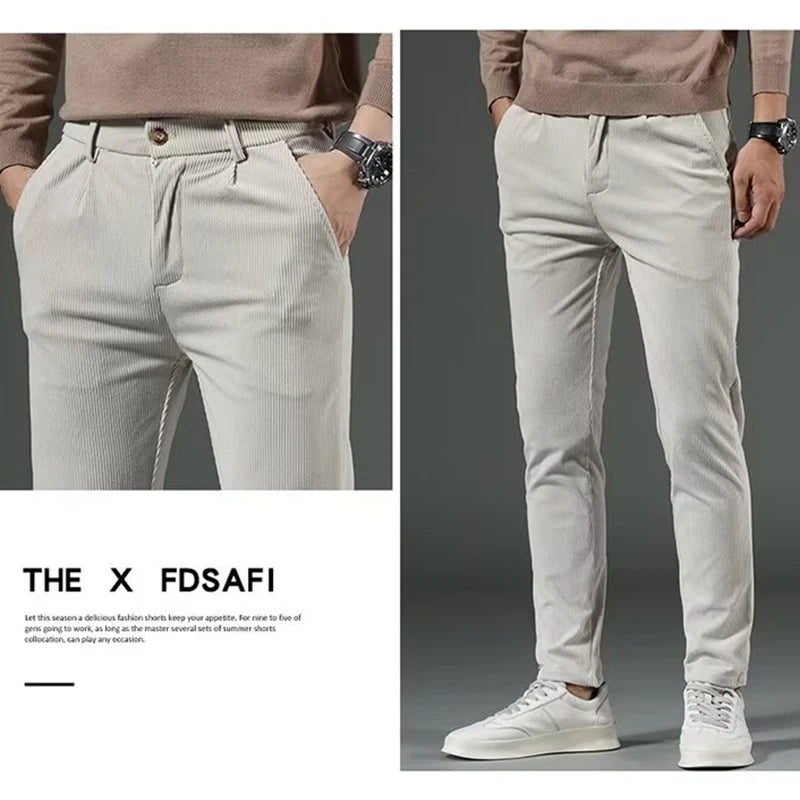 High Quality Brand Men's Corduroy Thicken Pants Fashion Khaki Narrow Leg Casual Pants Thermal Plush Trousers  Autumn Winter Male