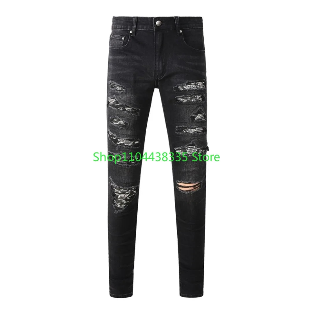 Americans New Trendy Streetwear Men's Jeans Low Rise Skinny Denim Pants Pleated Ripped Trousers