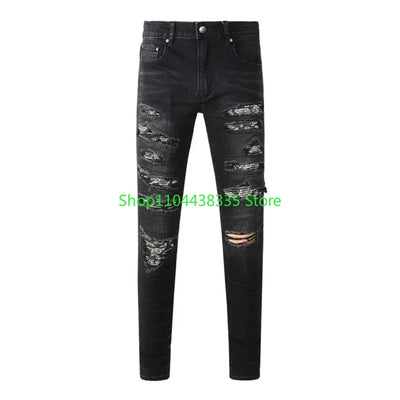 Americans New Trendy Streetwear Men's Jeans Low Rise Skinny Denim Pants Pleated Ripped Trousers