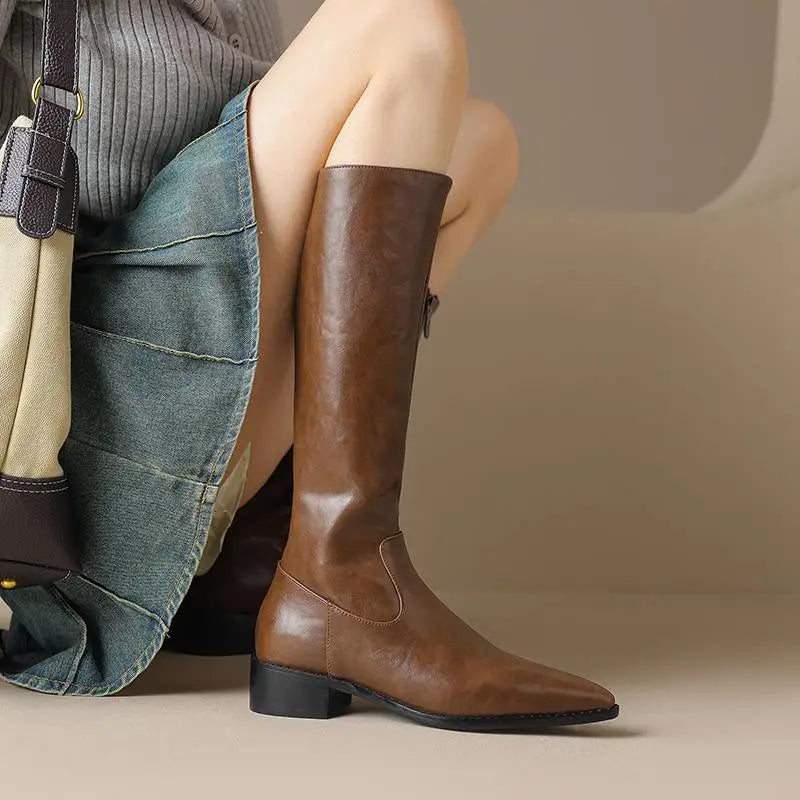 Krazing Pot Cow Skin Ins Pointed Toe Thick Heels Riding Boots British School Slip On French Romantic Model Wear Thigh High Boots