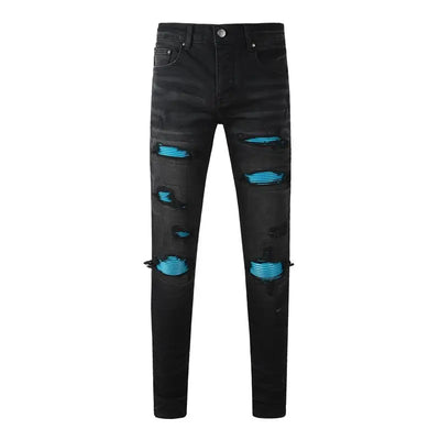 Americans Streetwear Distressed Vintage Men's Jeans Low Rise Stretch Skinny Button Fly Ripped Hold Pants