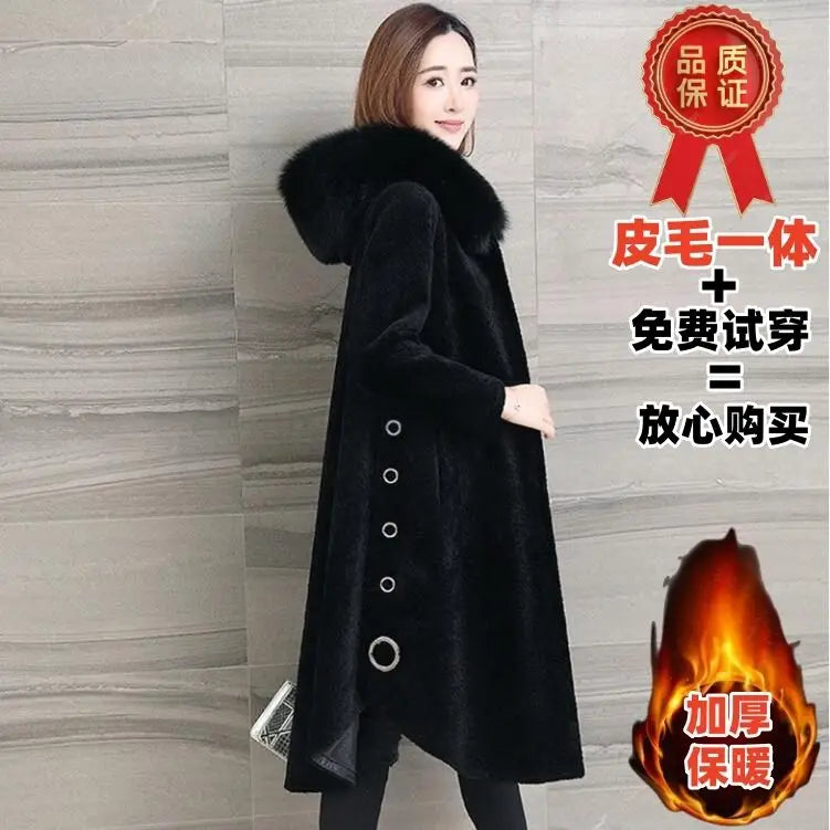 Granular Sheep Shearing Coat Women's Mid-Length 2025 Winter New Fox Fur Hooded All-In-One Faux Fur Clothing Jacket L33