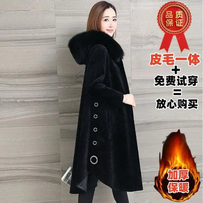 Granular Sheep Shearing Coat Women's Mid-Length 2025 Winter New Fox Fur Hooded All-In-One Faux Fur Clothing Jacket L33
