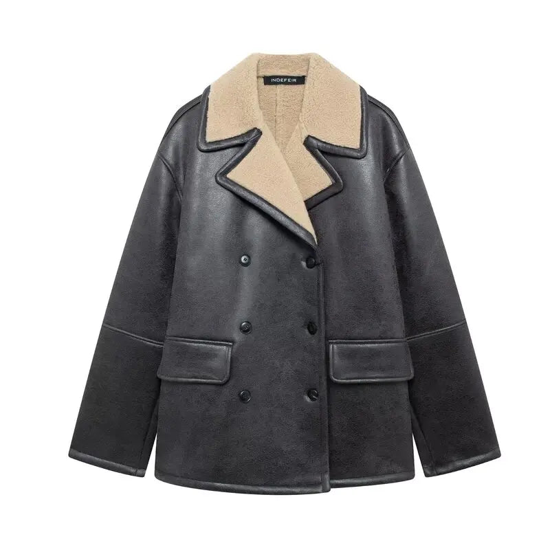 Double-Sided Leather And Fur Collar Jaet 2024 Autumn Winter New Women's Faion Versatile Flip Collar Jaet Outerwear