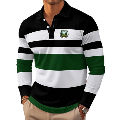 2025 New Classic Stripe Printed Men's Long Sleeve Polo Shirts Autumn Casual Comfortable Fit Button Polo Tops Street Man Pullover