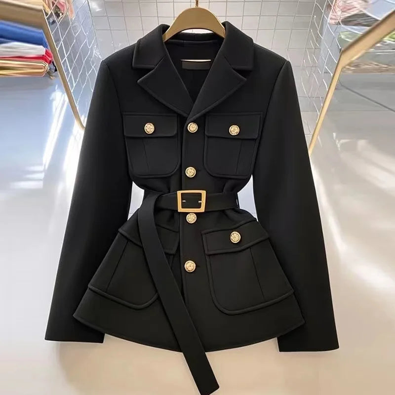 New High End Fashion Suit Jacket Coat Women Elegant Celebrity Pocket Long Sleeve Lapel Slim Blazer Outerwear Office Lady Tops