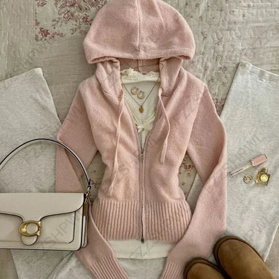 Women's 2025 Gothic Aesthetic Autumn Winter Fur Collar Hoodie Casual Slim Chic Design Cardigan Sweatshirt 2000s Harajuku Clothes