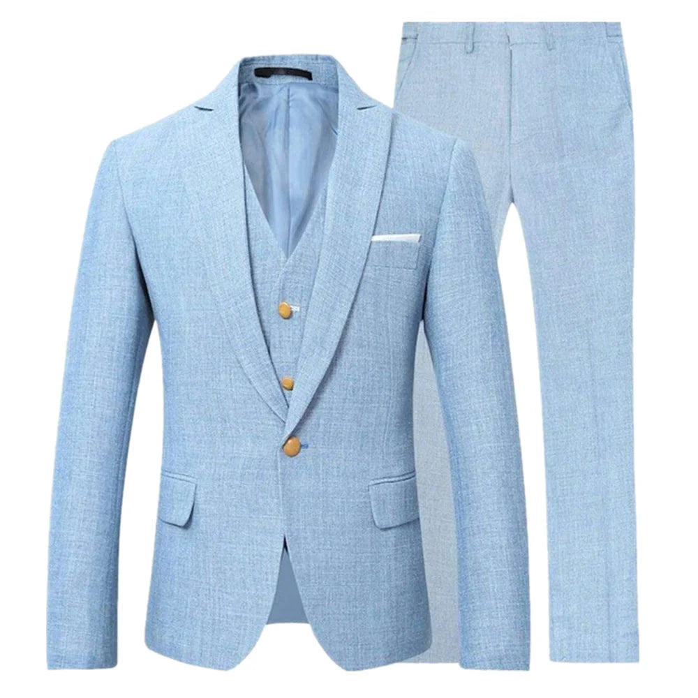 High Quality 3 PCS Beige/Blue Linen Men Suits Single Breasted Slim Fit Blazer Vest Pants Elegant Summer Seabeach Wedding Suits