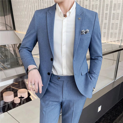 Men's Solid Color Formal Two-Piece Suit Fashion Business Casual Office Dress Wedding Party High-Quality Jacket And Pants Set