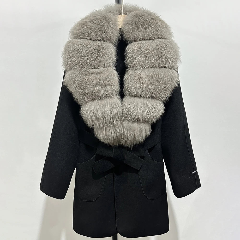 Wool Blend Jacket Autumn Women Winter Fashion Real Fox Fur Collar European Fahsion Woolen Coat Natural Fur Collar Coat Female