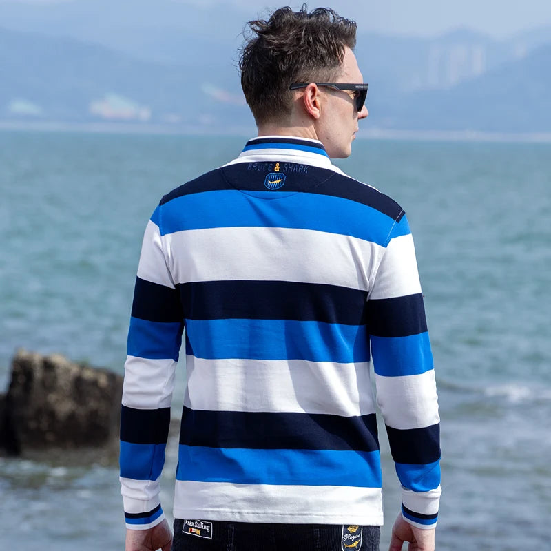 New Striped Long Polos For Men Thicken Stretch Cotton Autumn Clothing Bruce&Shark Korean Style Winter Base Man Tops Big Size 4XL