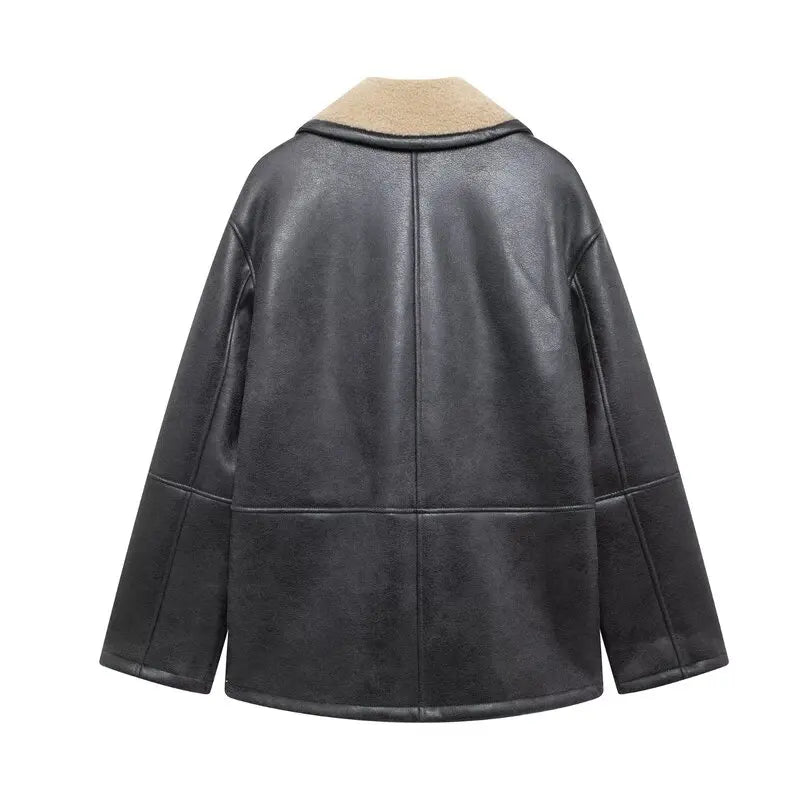 Double-Sided Leather And Fur Collar Jaet 2024 Autumn Winter New Women's Faion Versatile Flip Collar Jaet Outerwear