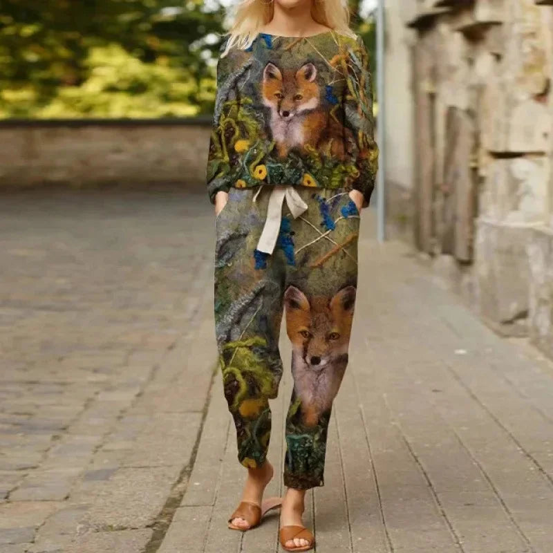 Spring Summer New Vintage Print Long Sleeve round Neck T-Shirt Set Wide Leg Pants Ethnic Style Fashionable Women's Outfit