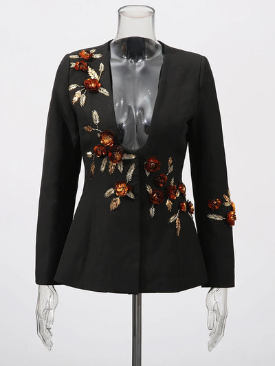 CHICEVER Fashionable Slimming Cocktail Coat for Women Deep Neck Long Sleeve Spliced 3D Floral Temeprament Jackets Female Clothes