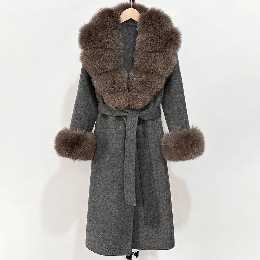 2025 New Autumn Wool Blend Coat Women Elegant Warm Real Fox Fur Collar Winter Wool Coat Female Double-sided Cashmere Jacket