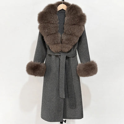2025 New Autumn Wool Blend Coat Women Elegant Warm Real Fox Fur Collar Winter Wool Coat Female Double-sided Cashmere Jacket