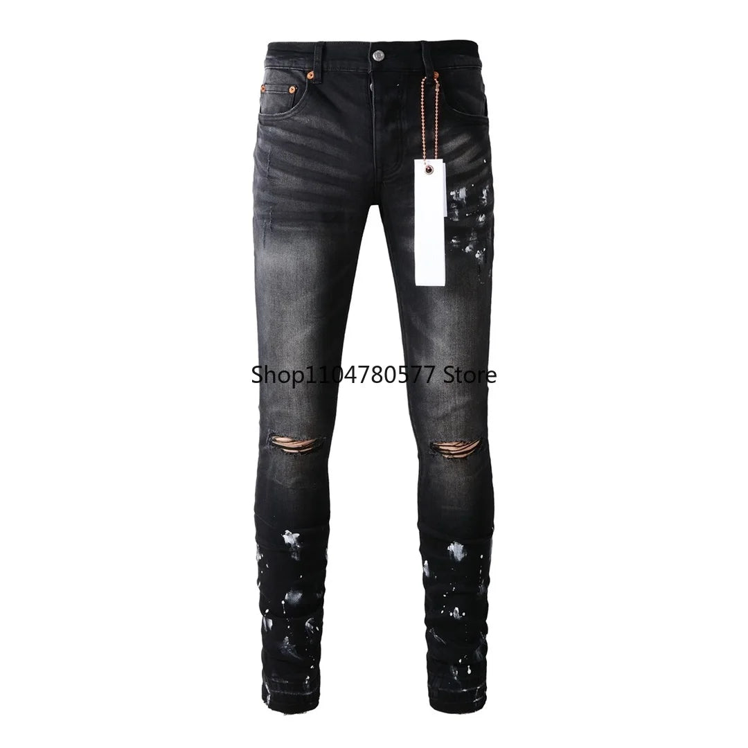 Americans High Street Trendy Men's Jeans Low Rise Stretch PantsSkinny Button Fly Ripped Retro Hold Trousers
