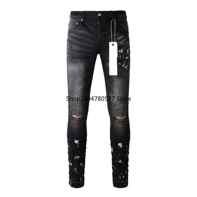Americans High Street Trendy Men's Jeans Low Rise Stretch PantsSkinny Button Fly Ripped Retro Hold Trousers
