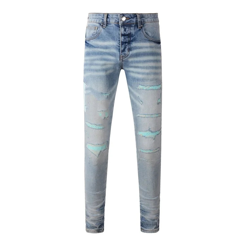 Fashion Top Quality Streetwear Distressed Men's Jeans  Vintage Low Rise Stretch Skinny Button Fly Ripped Hold Pants