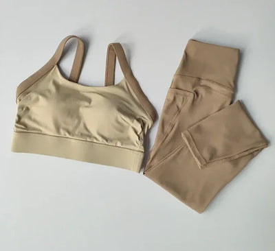 High Intensity Color Blocking Cross Back Integrated Yoga Set 2PCS Sports Underwear High Waist and Hip Lifting Fitness Leggings