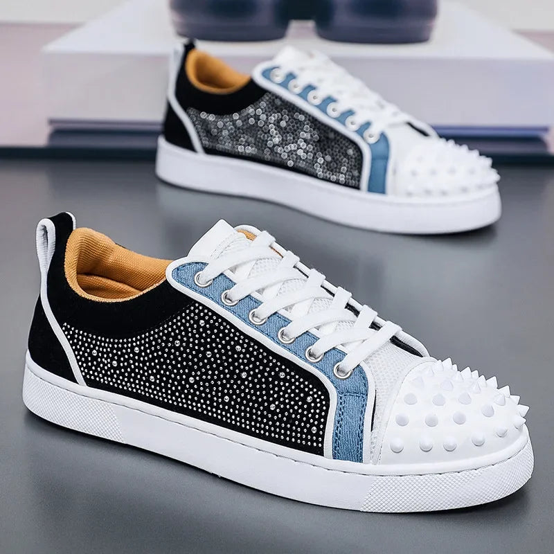 Fashion Men Casual Shoes Trend Rivet Crystal Punk Style Flat Skate Shoes Young Man Street Cool Loafers