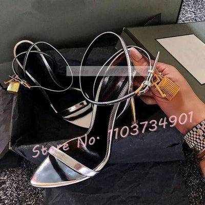 Metal Heel Lock Metallic Leather Sandals Female Luxury Open Toe Stiletto High Heels Shoes Lady Elegant Party Ankle Strap Sandals