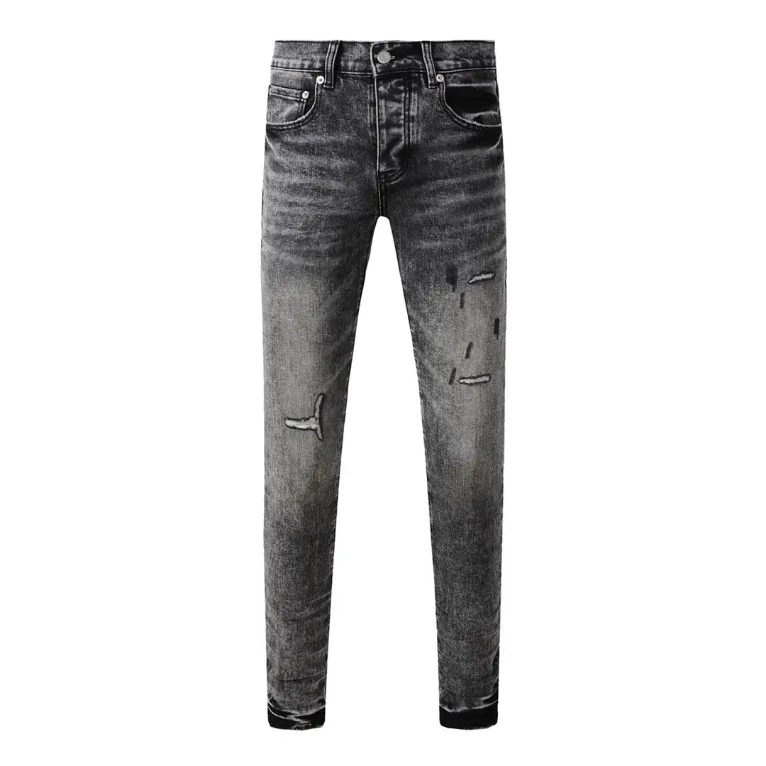 Americans  Retro High Street Men's Jeans New Trendy Low Rise Skinny Denim Pants Pleated Ripped Hold Trousers