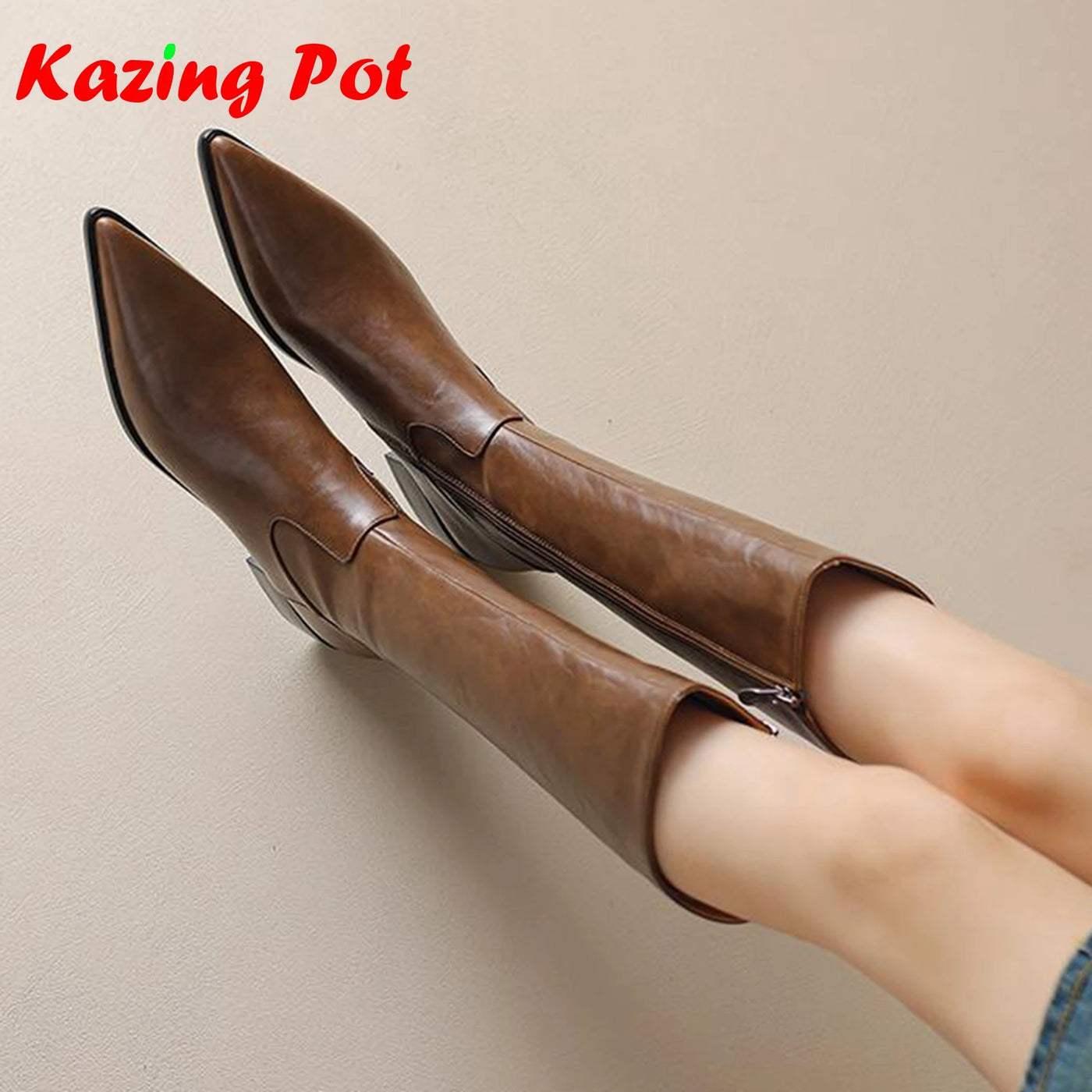 Krazing Pot Cow Skin Ins Pointed Toe Thick Heels Riding Boots British School Slip On French Romantic Model Wear Thigh High Boots