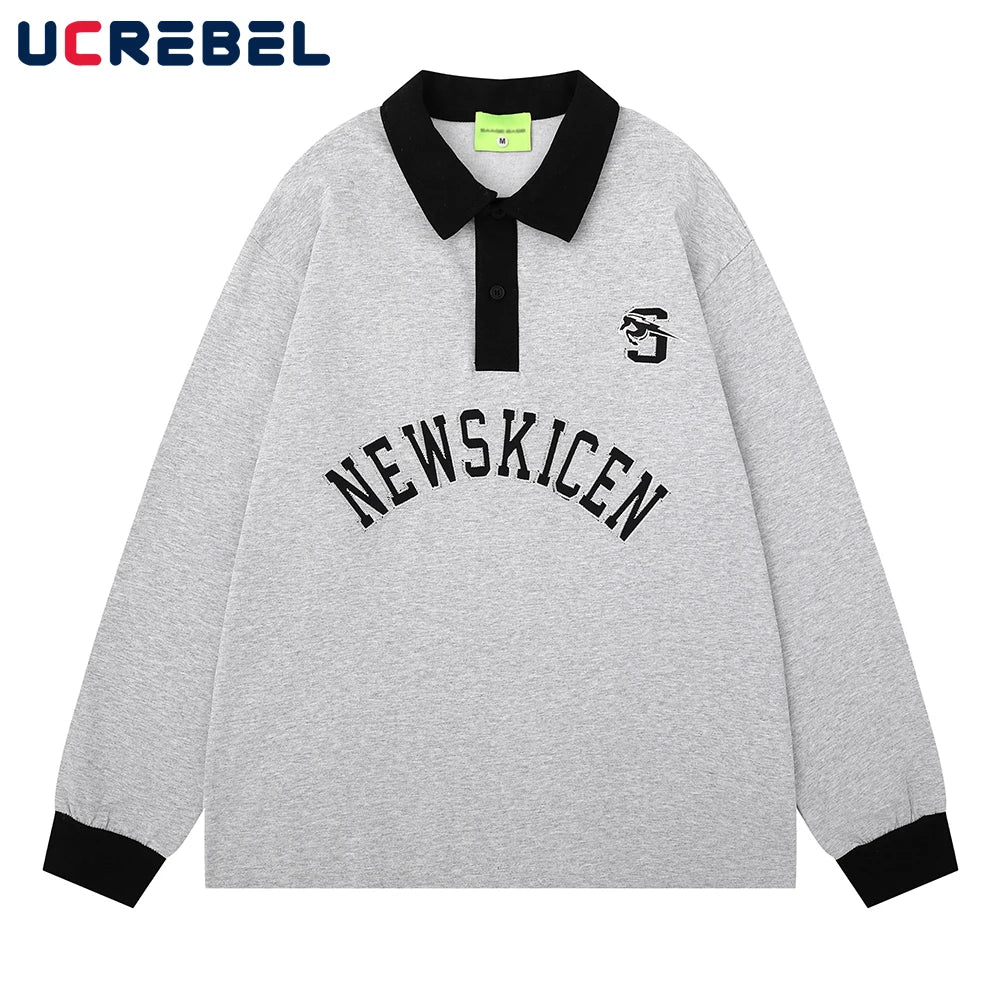 Letter Embroidery Spliced Polo Shirts Mens Autumn Streetwear Loose Long Sleeve Tee Man Tops