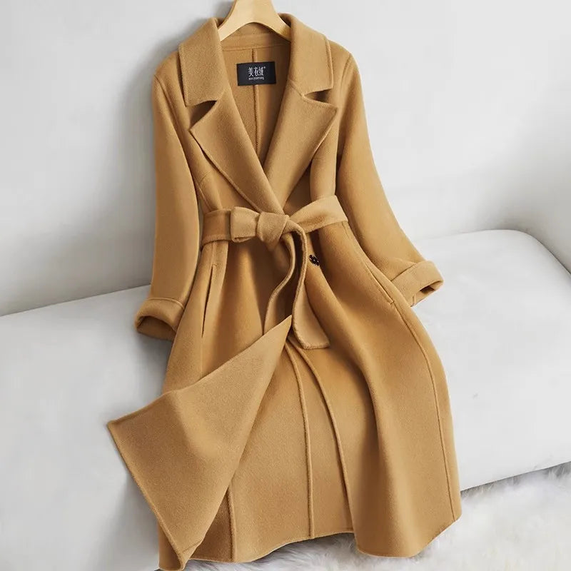 Red Double-sided cashmere Coat Women's 2025 New Autumn Winter high-end Woolen Coats With belt Temperament Long Overcoat Female