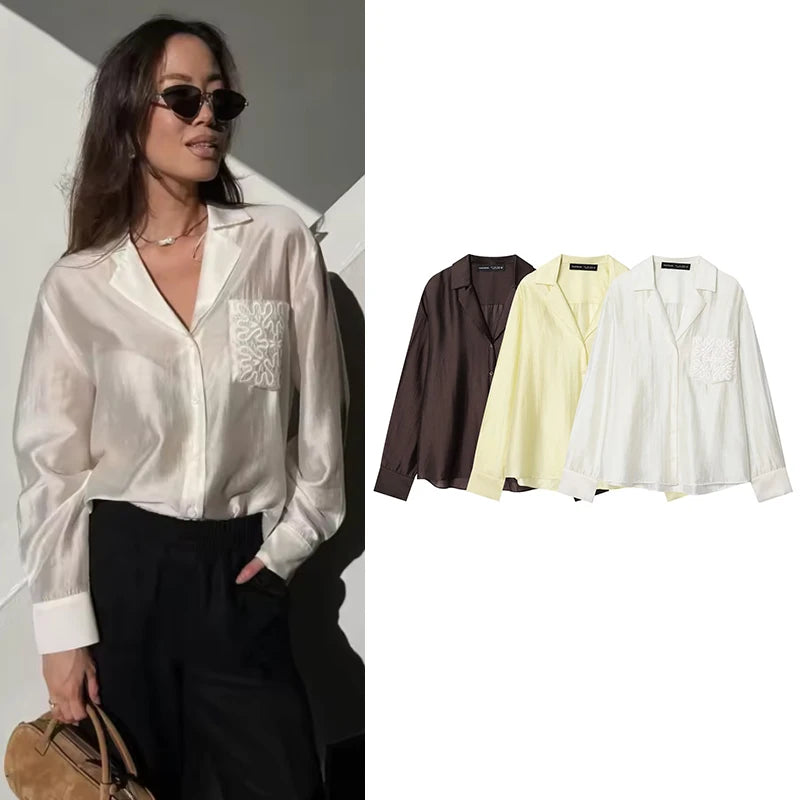 Women's Shirts Autumn 2025 New Fashion Office Shirts Women Chic Pocket Embroidery Retro Elegant Loose Young Blouses Street Tops
